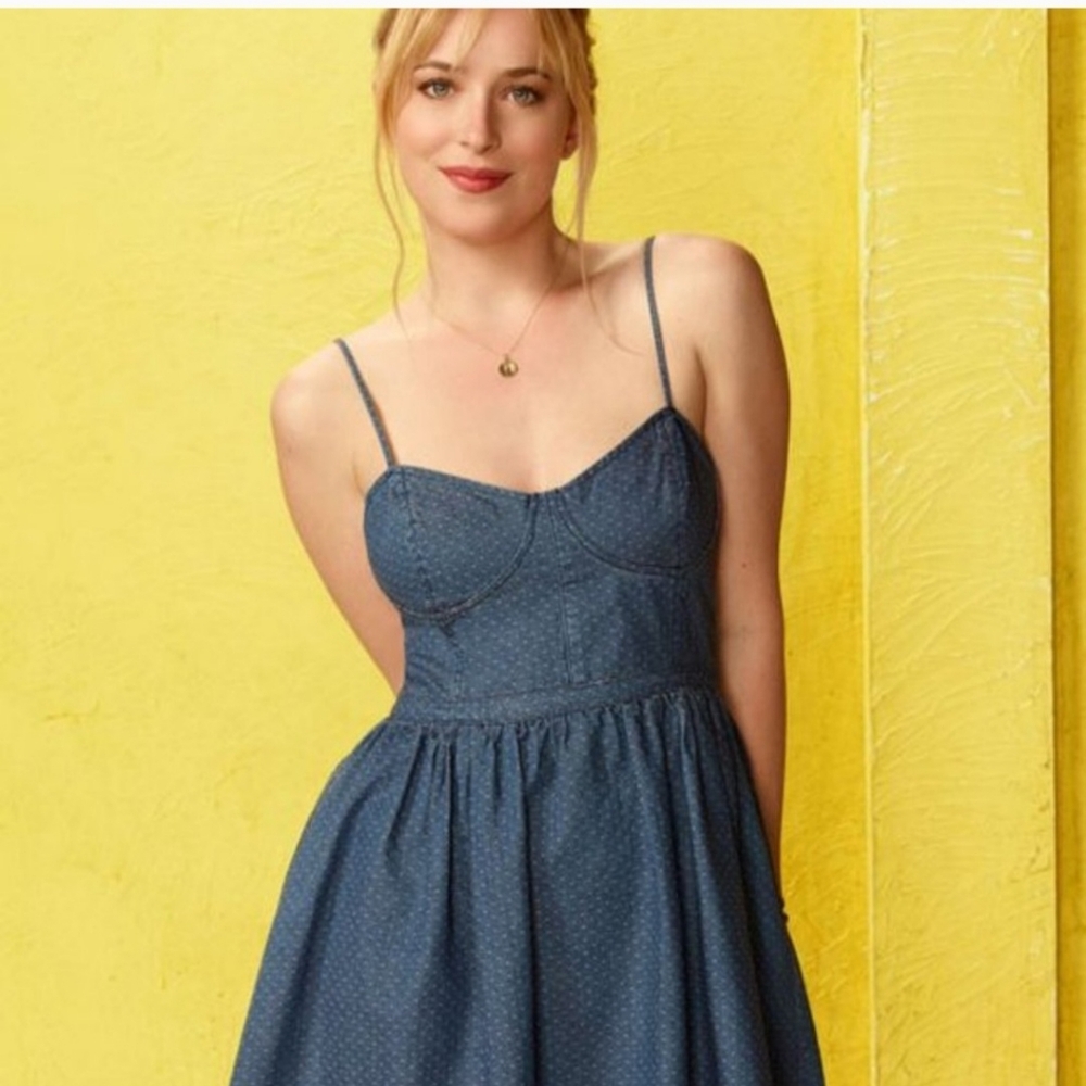 Y2K ASO  Free People Babydoll Dress Denim Poka Dot Size XS